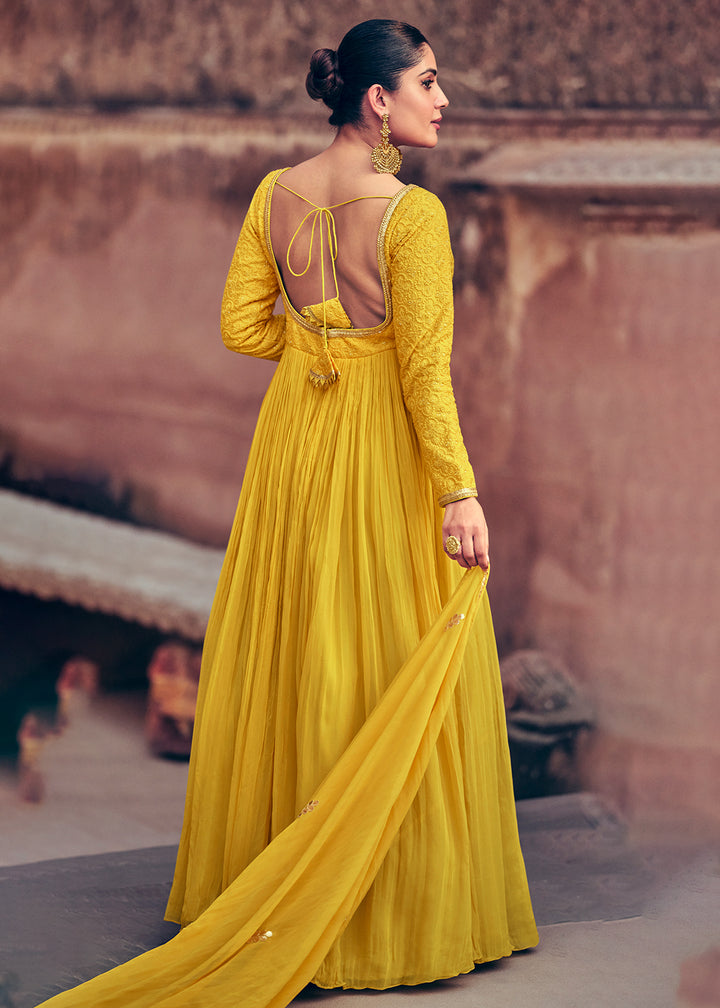 Buy Now Festive Style Yellow Embroidered Georgette Anarkali Suit Online in USA, UK, Australia, New Zealand, Canada & Worldwide at Empress Clothing.