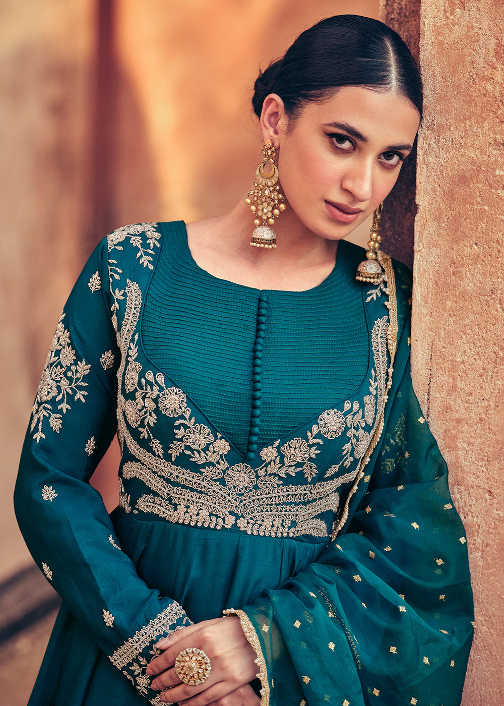 Buy Now Festive Style Teal Blue Embroidered Silk Anarkali Suit Online in USA, UK, Australia, New Zealand, Canada & Worldwide at Empress Clothing.