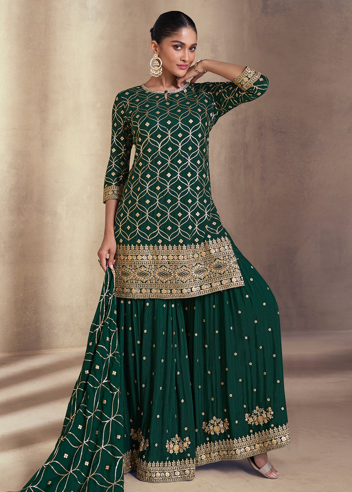 Shop Now Bottle Green Embroidered Festive Sharara Style Suit Online at Empress Clothing in USA, UK, Canada, Italy & Worldwide.