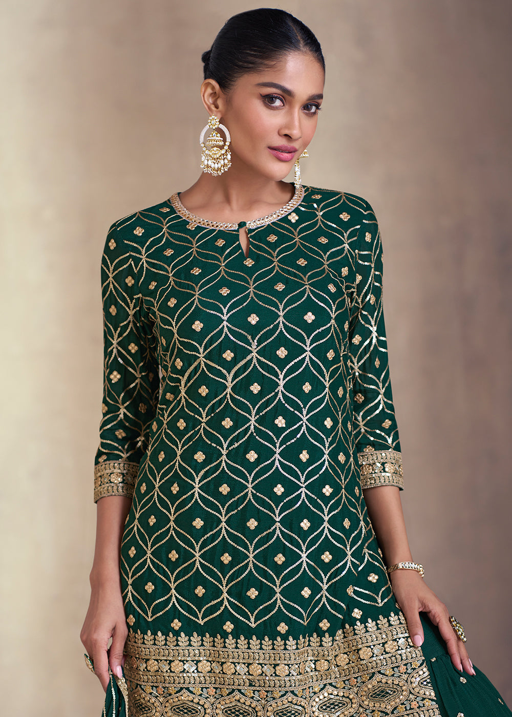 Shop Now Bottle Green Embroidered Festive Sharara Style Suit Online at Empress Clothing in USA, UK, Canada, Italy & Worldwide.