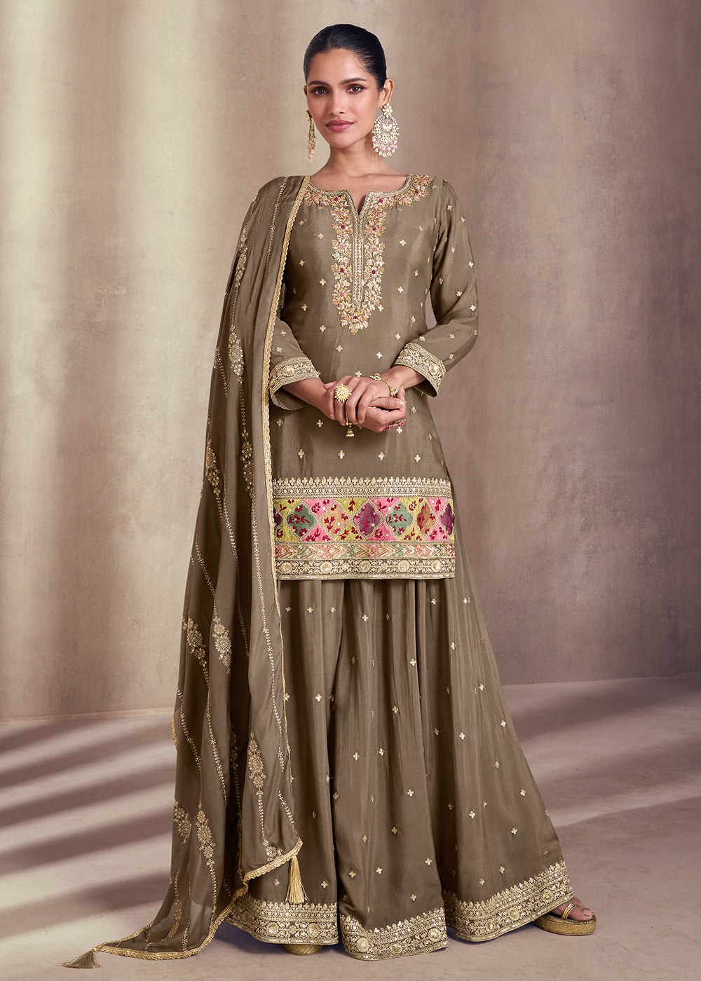 Shop Now Copper Brown Embroidered Festive Sharara Style Suit Online at Empress Clothing in USA, UK, Canada, Italy & Worldwide.