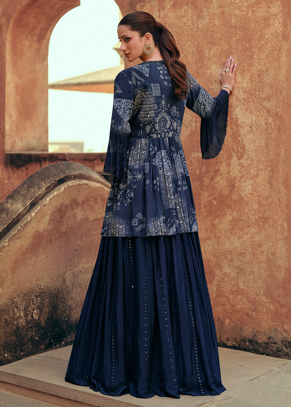 Buy Now Navy Blue Chinnon Silk Jacket Style Designer Bridesmaid Lehenga Choli Online in USA, UK, Canada & Worldwide at Empress Clothing. 