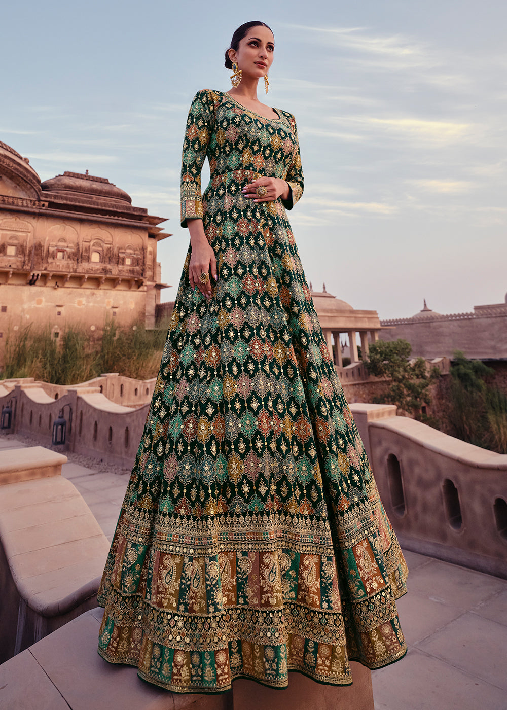 dark green indian wedding dress Dark Green Embroidered Lehenga