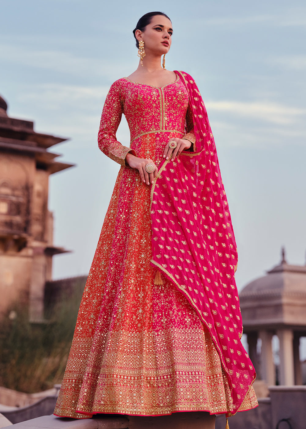 Buy Now Pink & Orange Heavy Georgette Floor Length Anarkali Gown Online in USA, UK, Australia, Canada & Worldwide at Empress Clothing.