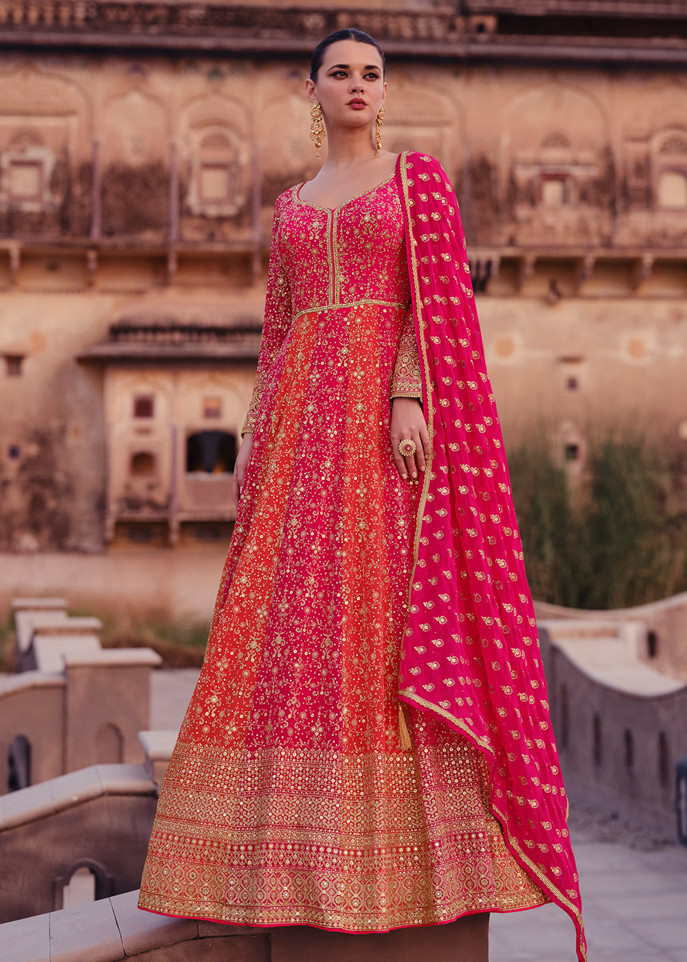 Buy Now Pink & Orange Heavy Georgette Floor Length Anarkali Gown Online in USA, UK, Australia, Canada & Worldwide at Empress Clothing.