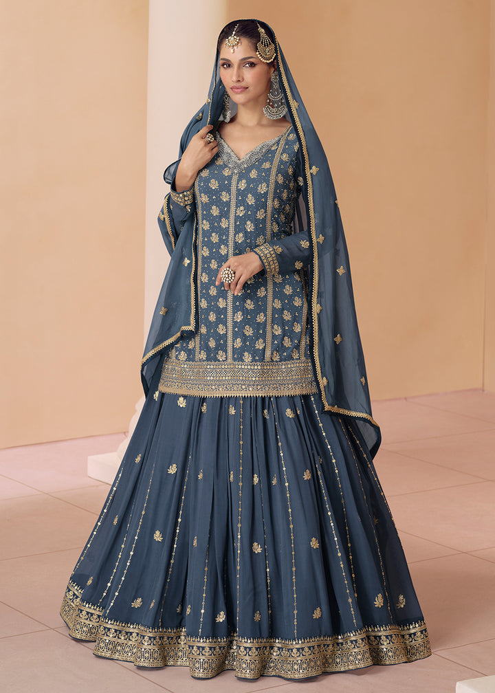 Buy Now Steel Blue Embroidered Georgette Lehenga Kurta Set Online in USA, UK, Canada & Worldwide at Empress Clothing. 