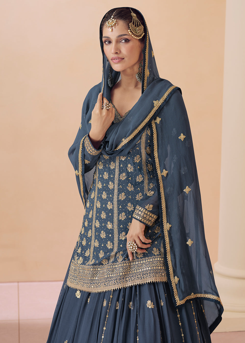 Buy Now Steel Blue Embroidered Georgette Lehenga Kurta Set Online in USA, UK, Canada & Worldwide at Empress Clothing. 