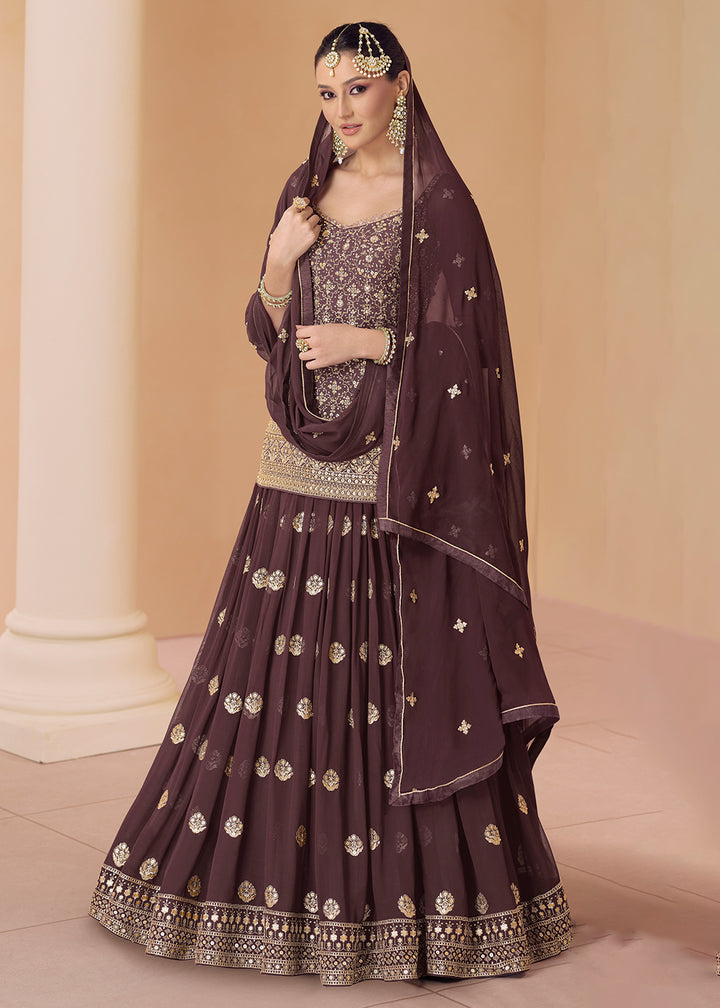 Buy Now Chocolate Brown Embroidered Georgette Lehenga Kurta Set Online in USA, UK, Canada & Worldwide at Empress Clothing.  