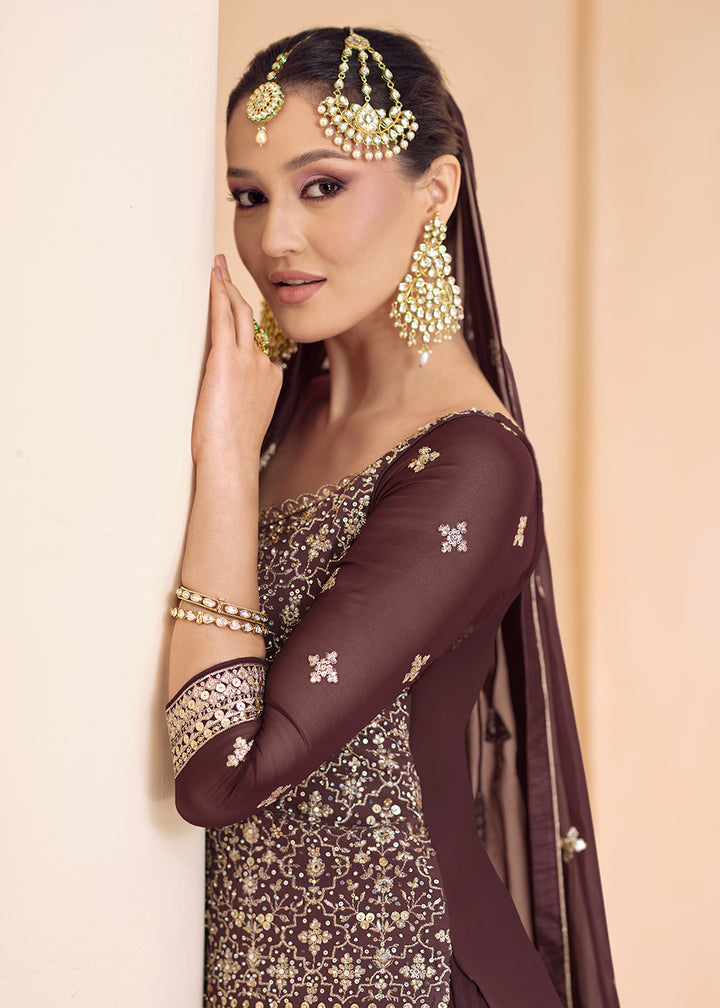 Buy Now Chocolate Brown Embroidered Georgette Lehenga Kurta Set Online in USA, UK, Canada & Worldwide at Empress Clothing.  