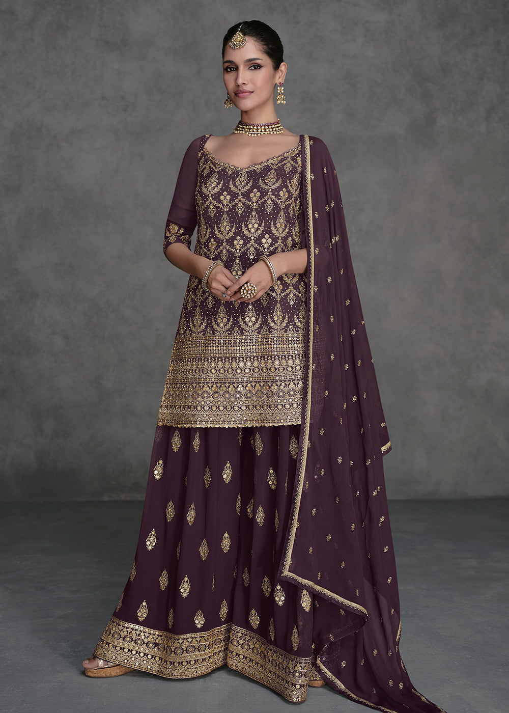 Shop Now Dark Purple Designer Style Wedding Wear Sharara Suit Online at Empress Clothing in USA, UK, Canada, Italy & Worldwide.