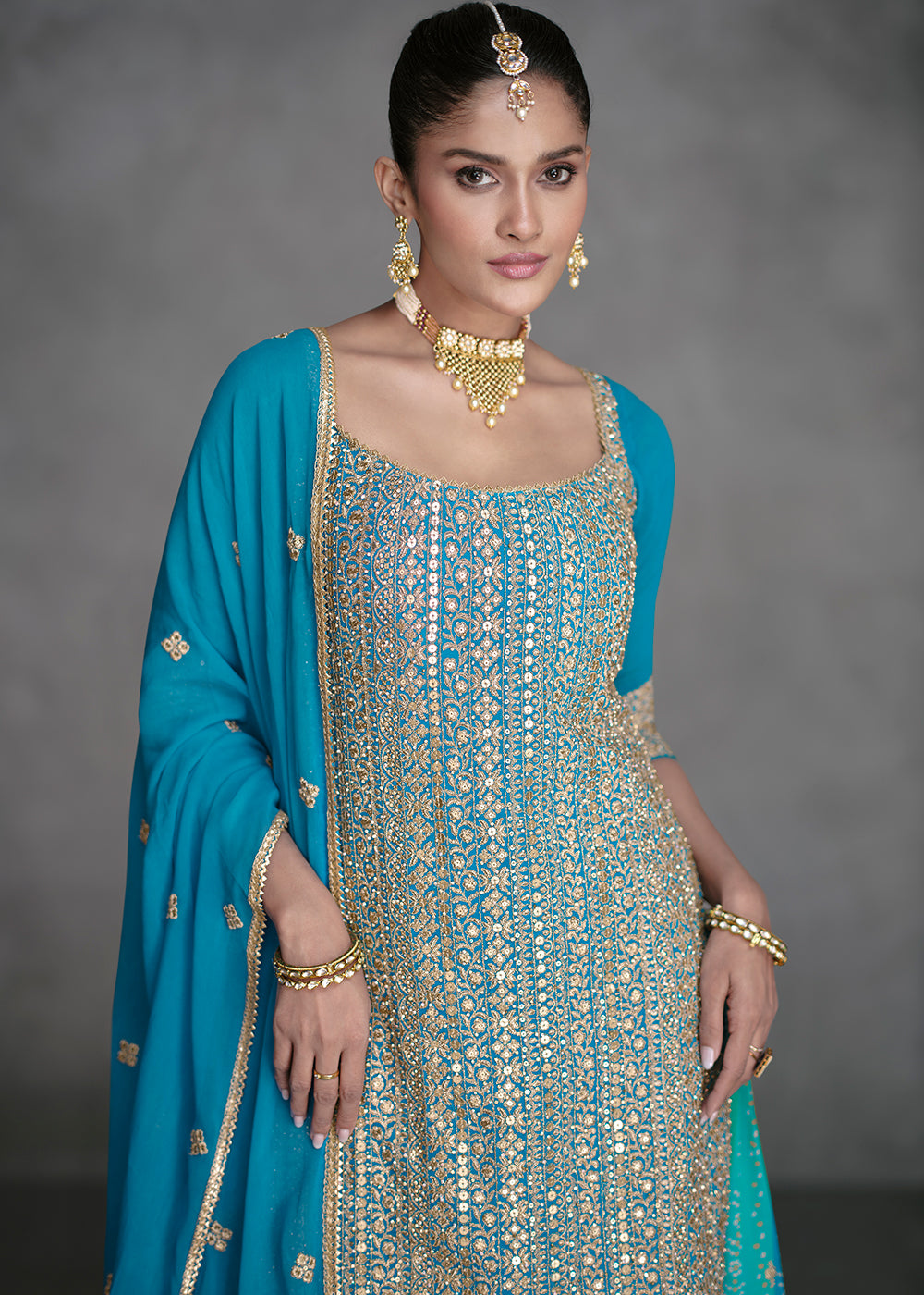 Shop Now Azure Blue Designer Style Wedding Wear Sharara Suit Online at Empress Clothing in USA, UK, Canada, Italy & Worldwide.
