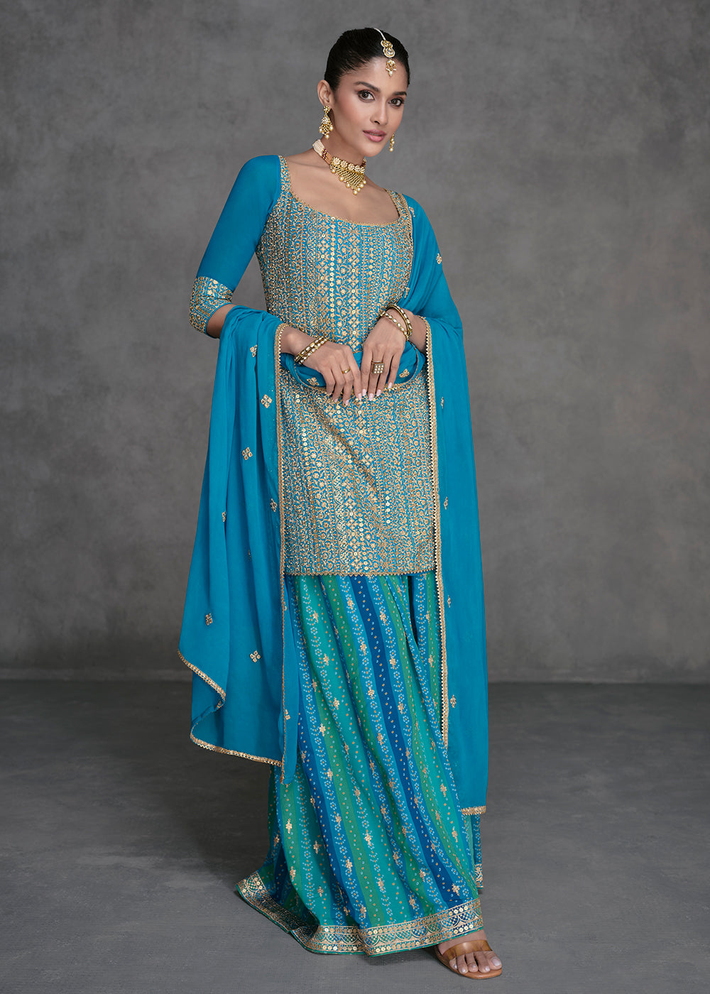 Shop Now Azure Blue Designer Style Wedding Wear Sharara Suit Online at Empress Clothing in USA, UK, Canada, Italy & Worldwide.