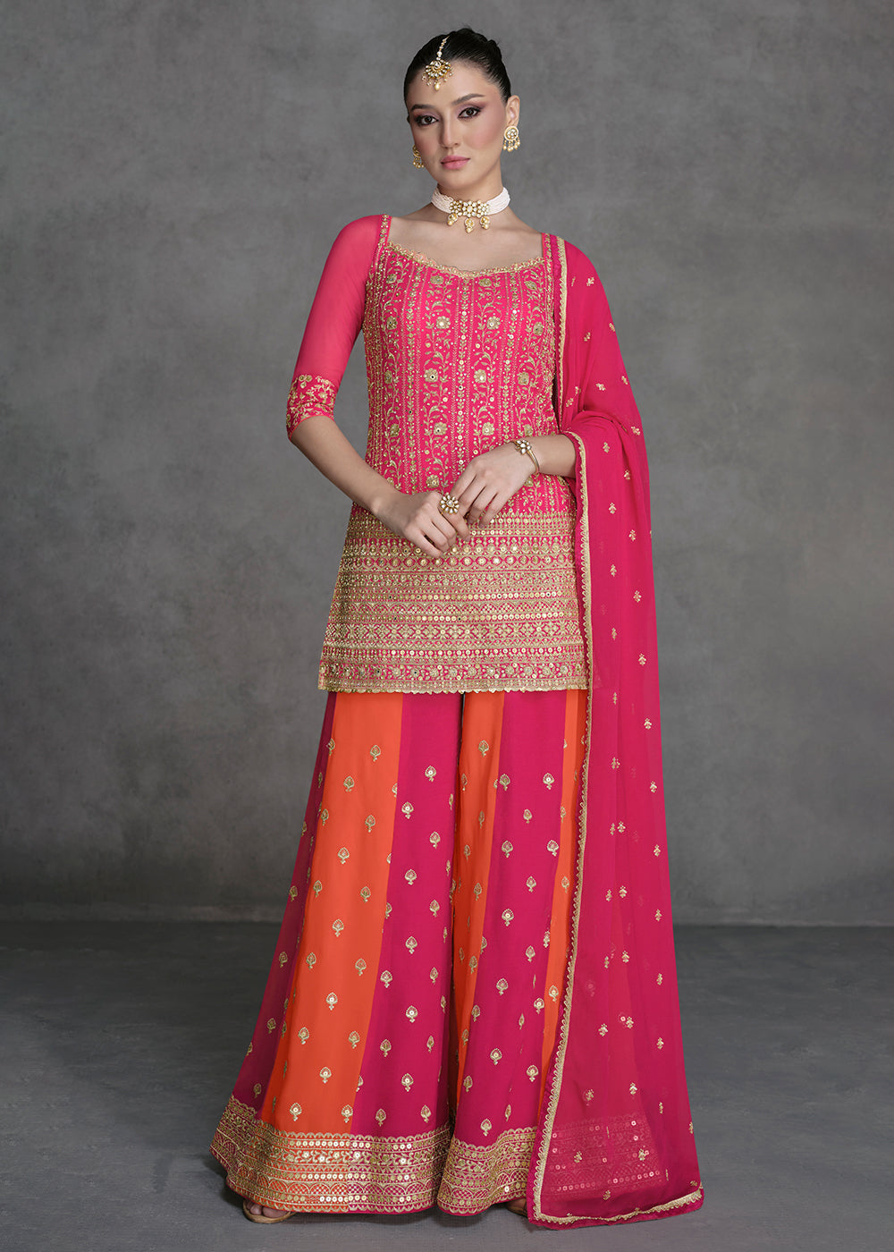 Shop Now Rani Pink Designer Style Wedding Wear Sharara Suit Online at Empress Clothing in USA, UK, Canada, Italy & Worldwide.