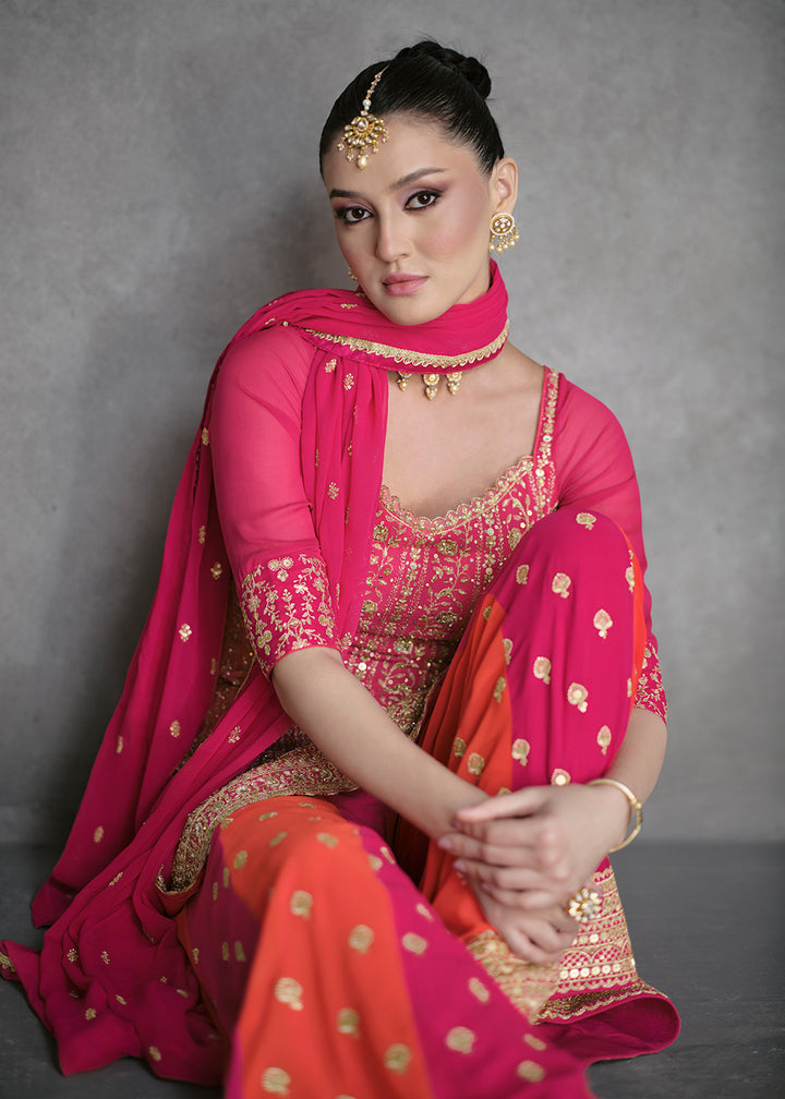 Shop Now Rani Pink Designer Style Wedding Wear Sharara Suit Online at Empress Clothing in USA, UK, Canada, Italy & Worldwide.