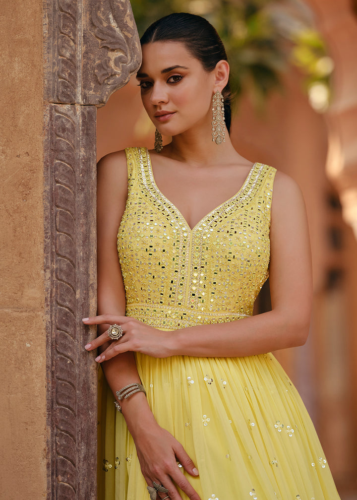 Buy Now Tempting Yellow Real Georgette Embroidered Anarkali Gown Online in USA, UK, Australia, New Zealand, Canada & Worldwide at Empress Clothing.