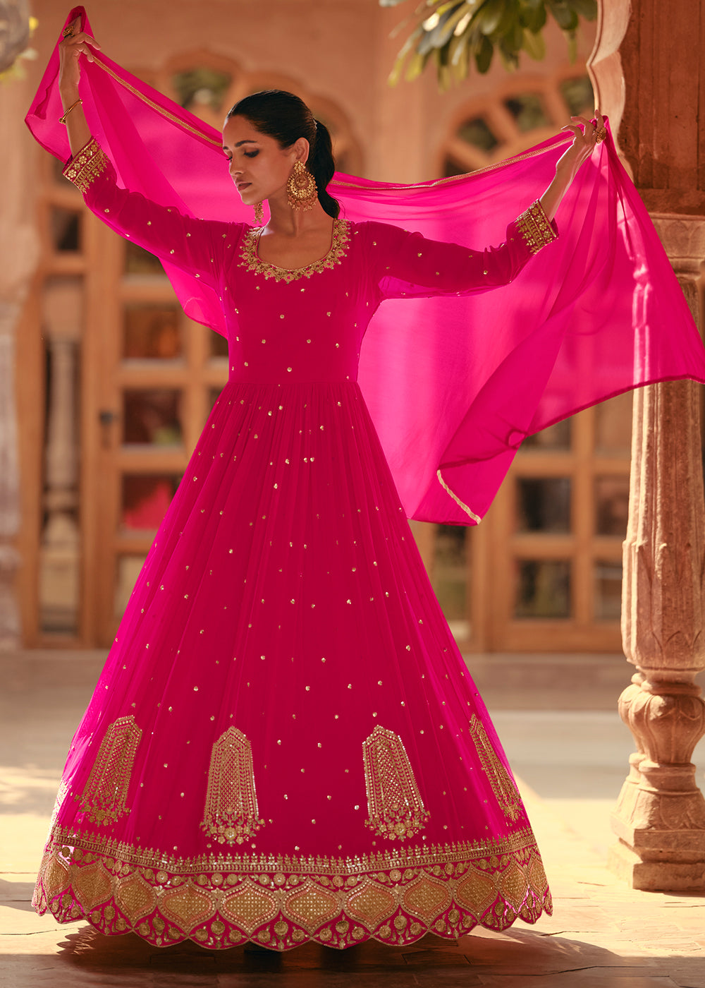 Buy Now Tempting Pink Real Georgette Embroidered Anarkali Gown Online in USA, UK, Australia, New Zealand, Canada & Worldwide at Empress Clothing.