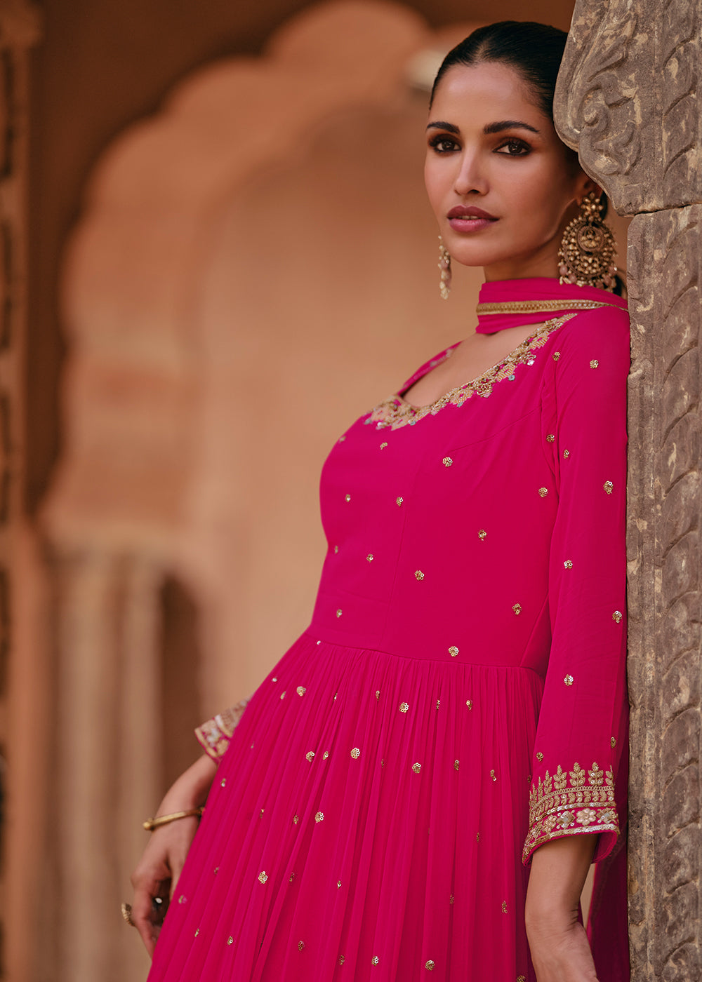 Buy Now Tempting Pink Real Georgette Embroidered Anarkali Gown Online in USA, UK, Australia, New Zealand, Canada & Worldwide at Empress Clothing.