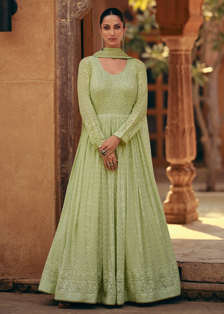 Buy Now Pista Green Real Georgette Embroidered Anarkali Gown Online in USA, UK, Australia, New Zealand, Canada & Worldwide at Empress Clothing.