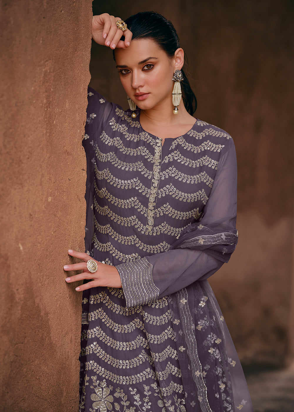 Shop Now Mauve Georgette Designer Style Embroidered Sharara Suit Online at Empress Clothing in USA, UK, Canada, Italy & Worldwide.