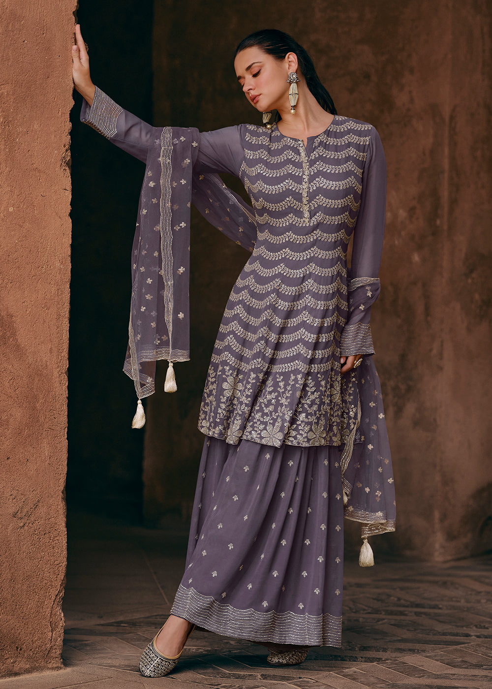 Shop Now Mauve Georgette Designer Style Embroidered Sharara Suit Online at Empress Clothing in USA, UK, Canada, Italy & Worldwide.