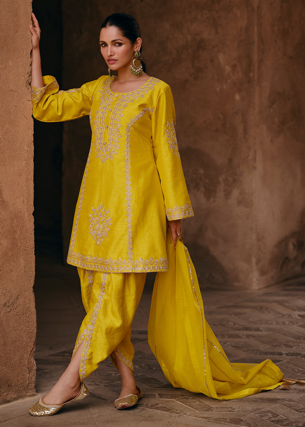 Buy Now Yellow Dhoti Style Embroidered Silk Festive Salwar Suit Online in USA, UK, Canada, Germany, Australia & Worldwide at Empress Clothing.