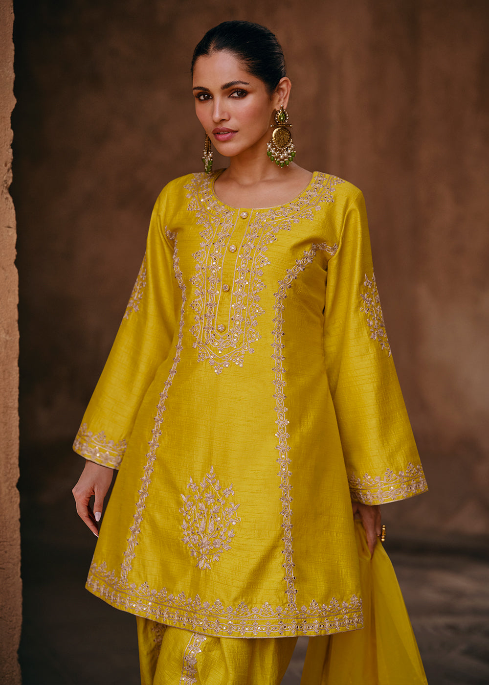 Buy Now Yellow Dhoti Style Embroidered Silk Festive Salwar Suit Online in USA, UK, Canada, Germany, Australia & Worldwide at Empress Clothing.