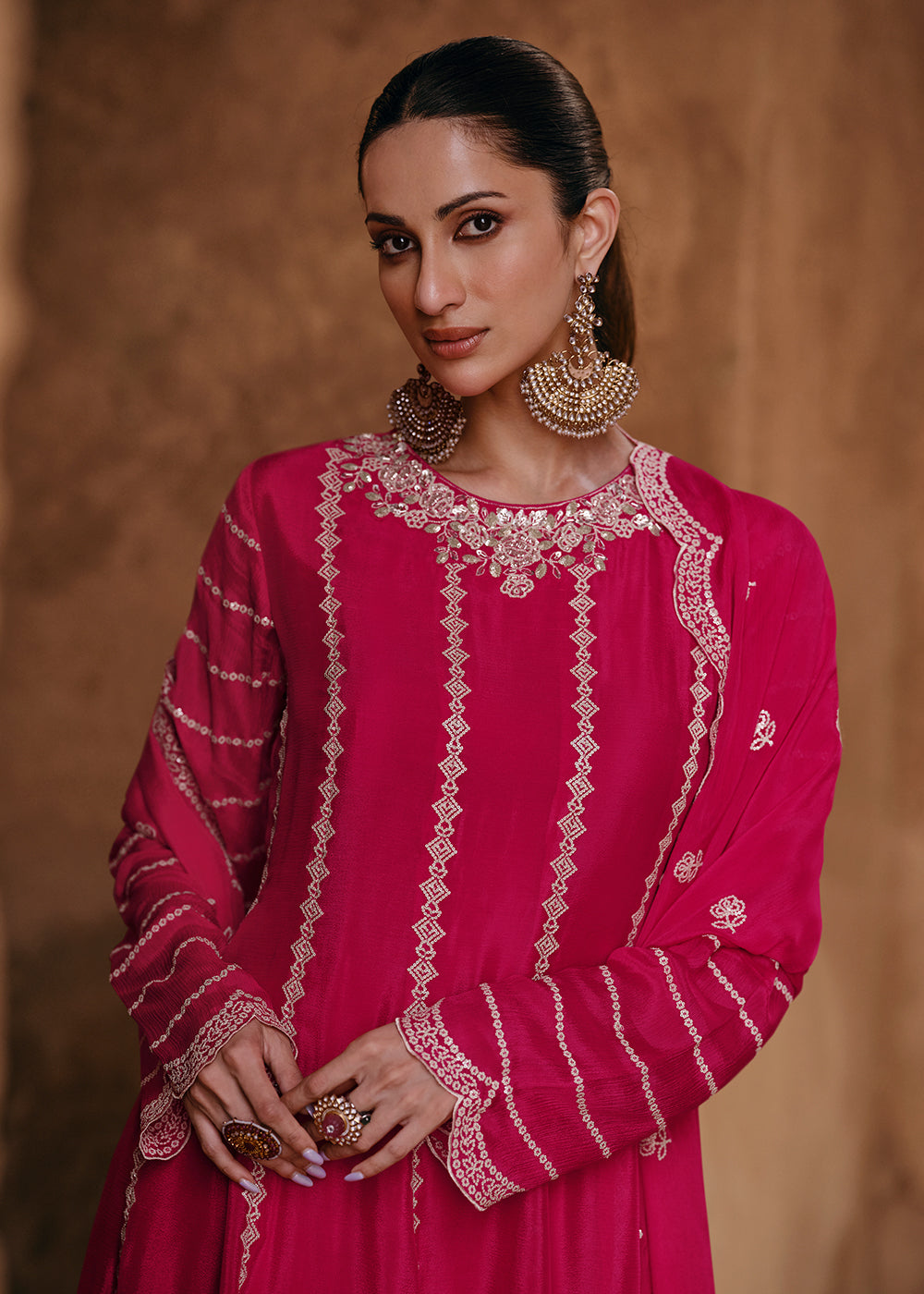 Shop Now Pink Chinnon Silk Designer Style Embroidered Sharara Suit Online at Empress Clothing in USA, UK, Canada, Italy & Worldwide. 