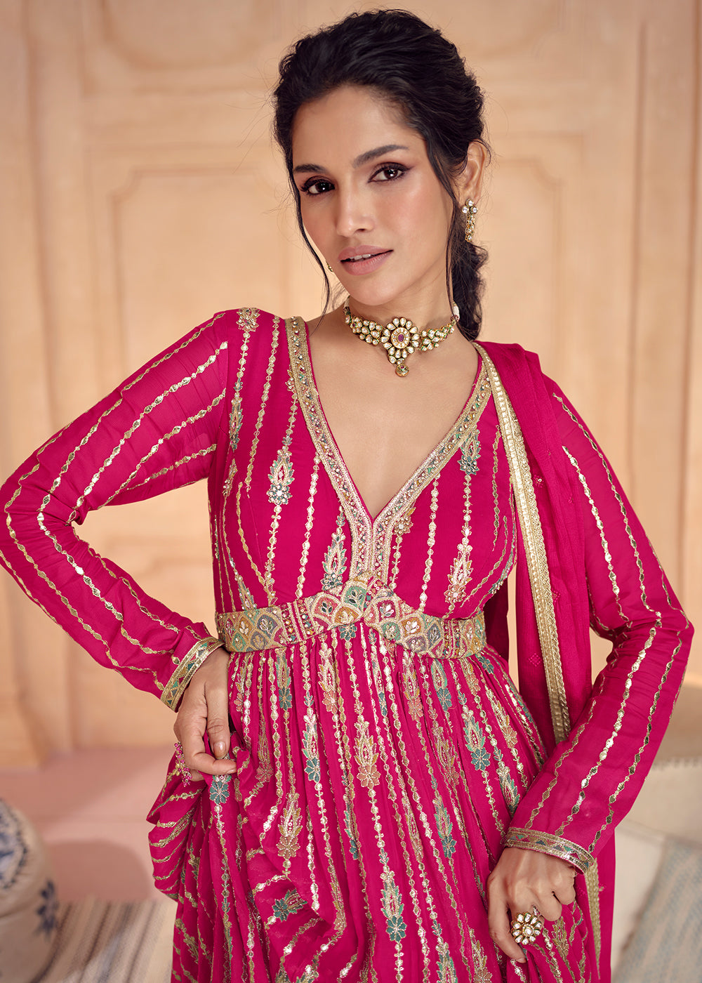 Buy Now Hot Pink Georgette Embroidered Long Anarkali Gown Online in USA, UK, Australia, Canada & Worldwide at Empress Clothing. 