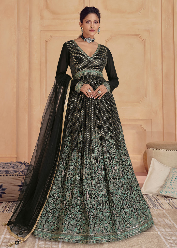 Buy Now Wine Classy Black Georgette Embroidered Long Anarkali Gown Online in USA, UK, Australia, Canada & Worldwide at Empress Clothing. 