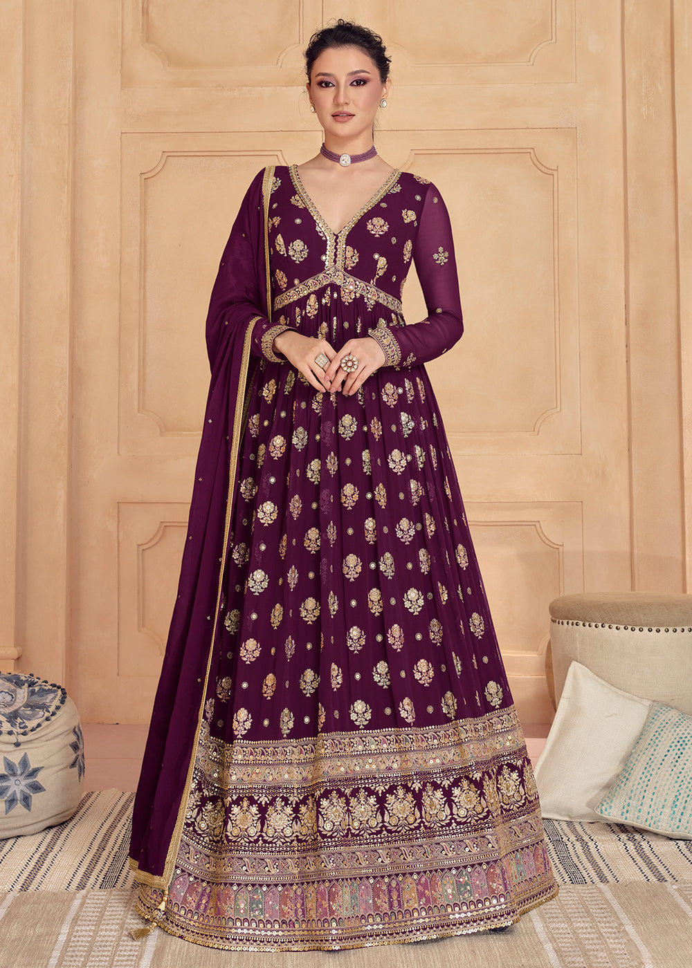 Buy Now Wine Purple Real Georgette Embroidered Long Anarkali Gown Online in USA, UK, Australia, Canada & Worldwide at Empress Clothing.