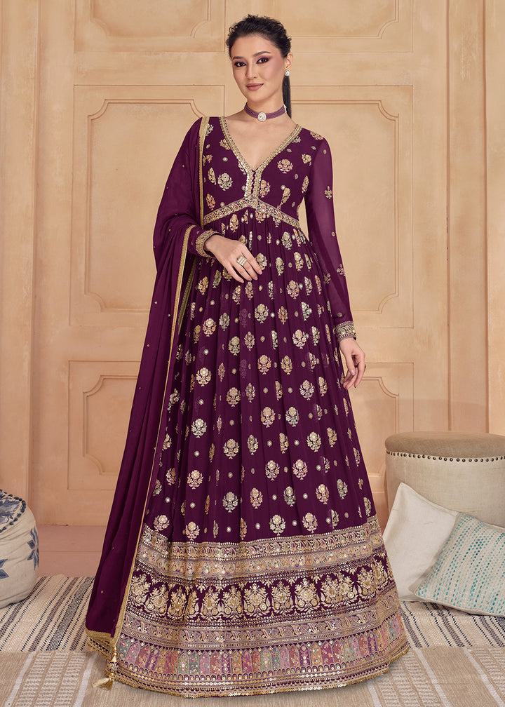 Buy Now Wine Purple Real Georgette Embroidered Long Anarkali Gown Online in USA, UK, Australia, Canada & Worldwide at Empress Clothing.
