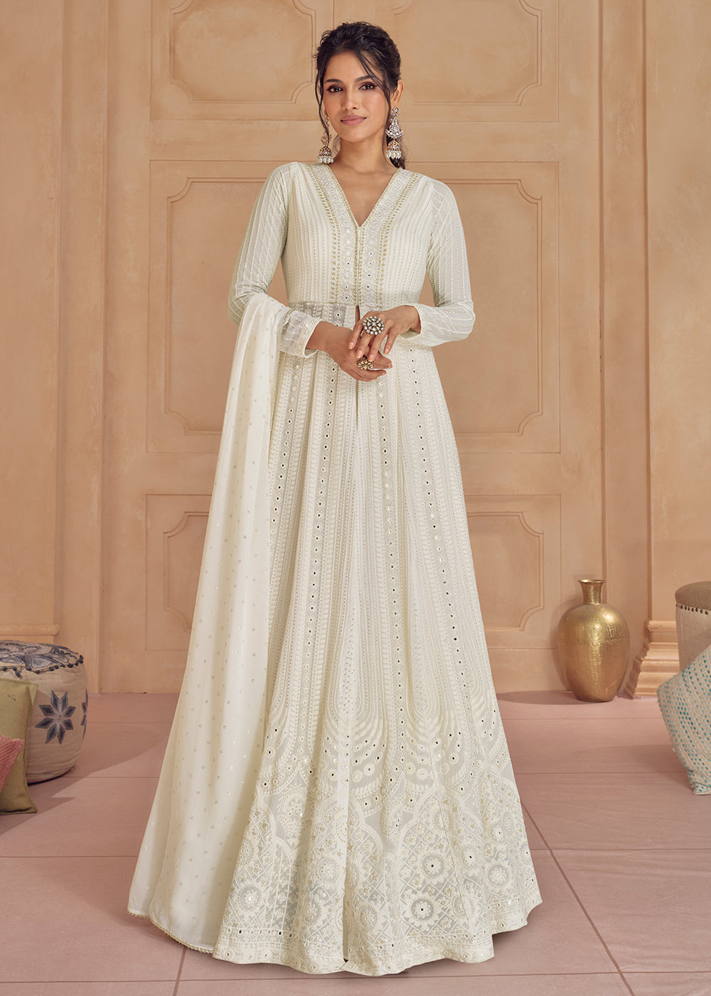 Buy Now Palazzo Style Off White Lucknowi Embroidered Anarkali Suit Online in USA, UK, Australia, New Zealand, Canada & Worldwide at Empress Clothing.