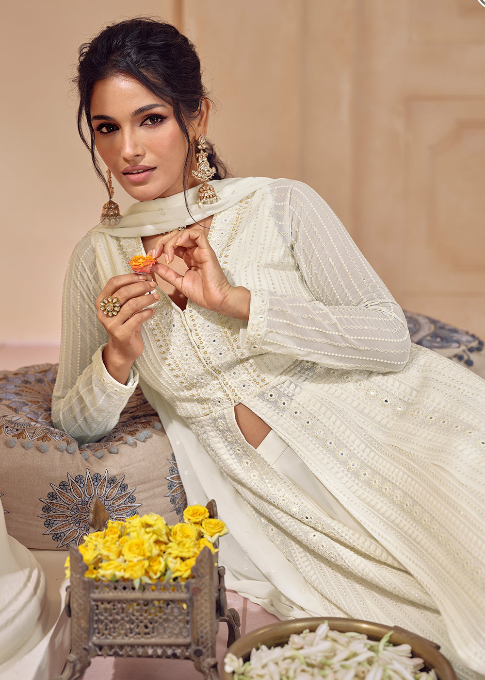 Buy Now Palazzo Style Off White Lucknowi Embroidered Anarkali Suit Online in USA, UK, Australia, New Zealand, Canada & Worldwide at Empress Clothing.