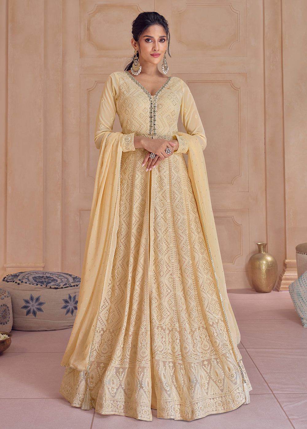 Buy Now Palazzo Style Fawn Yellow Lucknowi Embroidered Anarkali Suit Online in USA, UK, Australia, New Zealand, Canada & Worldwide at Empress Clothing.