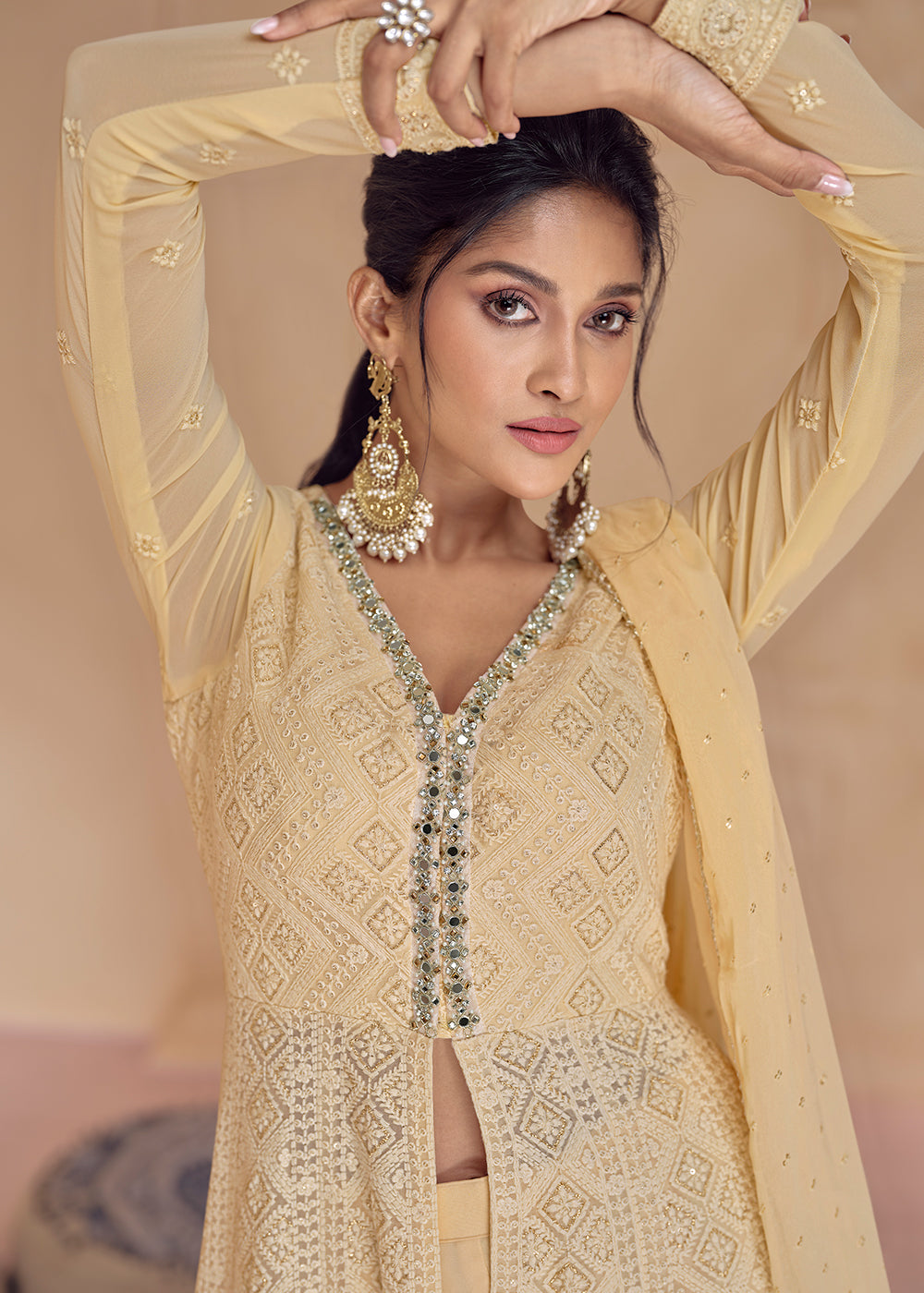 Buy Now Palazzo Style Fawn Yellow Lucknowi Embroidered Anarkali Suit Online in USA, UK, Australia, New Zealand, Canada & Worldwide at Empress Clothing.