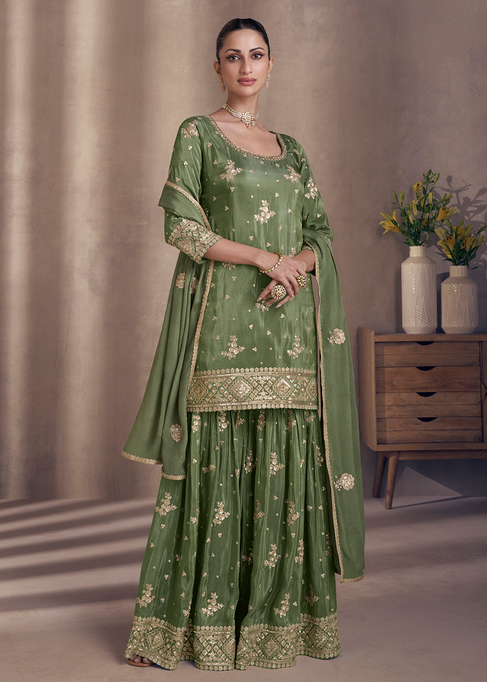 Net Embroidery Palazzo Pant Suit In Mehendi Green Colour - SM5630053