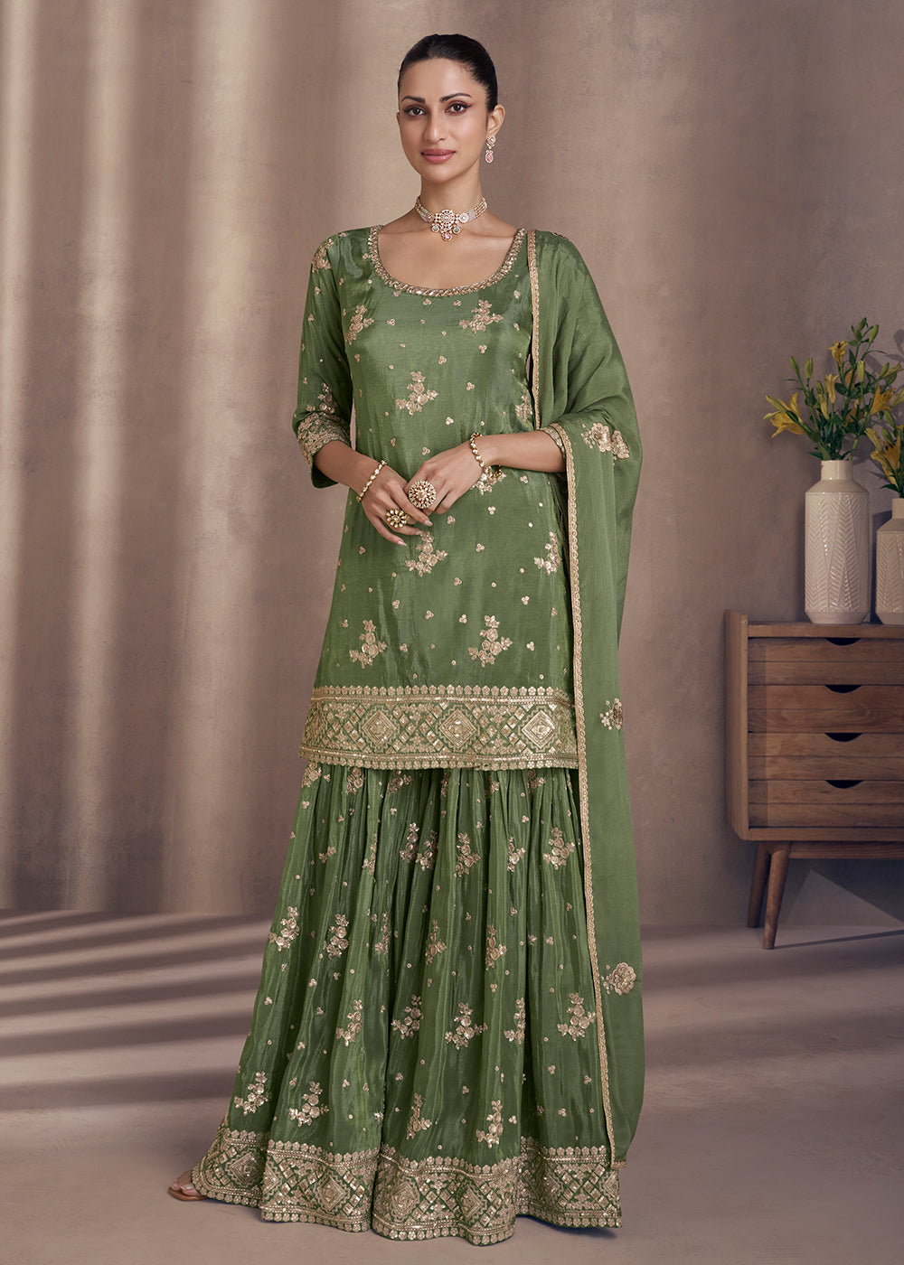 Shop Now Moss Green Embroidered Chinnon Silk Designer Sharara Suit Online at Empress Clothing in USA, UK, Canada, Italy & Worldwide.
