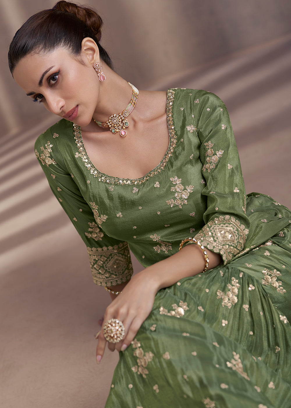 Shop Now Moss Green Embroidered Chinnon Silk Designer Sharara Suit Online at Empress Clothing in USA, UK, Canada, Italy & Worldwide.