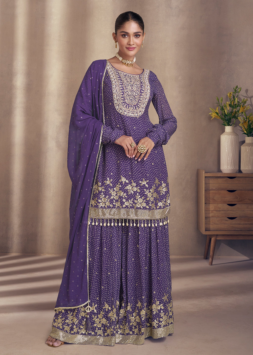 Shop Now Purple Embroidered Georgette Designer Sharara Suit Online at Empress Clothing in USA, UK, Canada, Italy & Worldwide. 