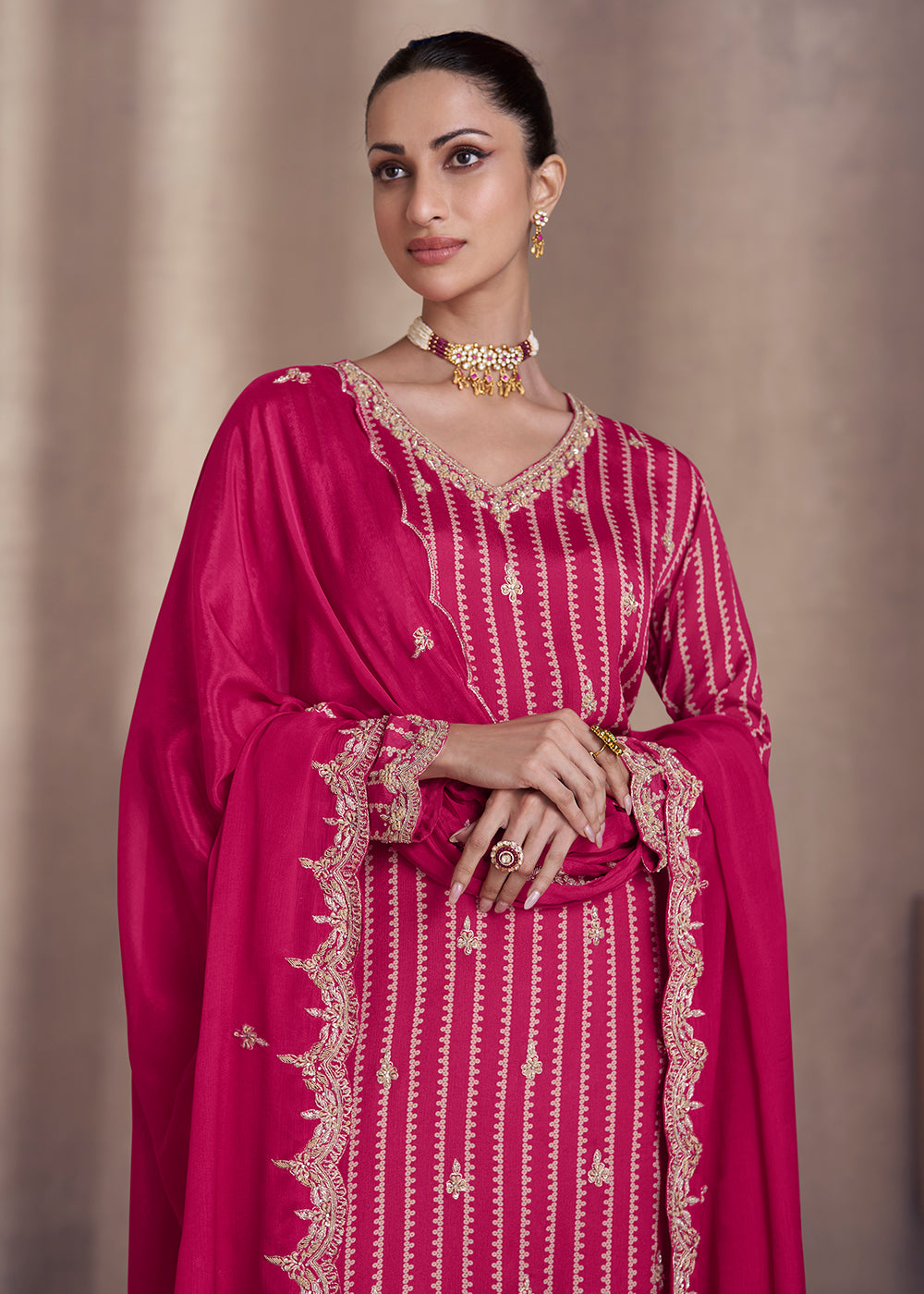 Shop Now Rani Pink Embroidered Chinnon Silk Designer Sharara Suit Online at Empress Clothing in USA, UK, Canada, Italy & Worldwide.