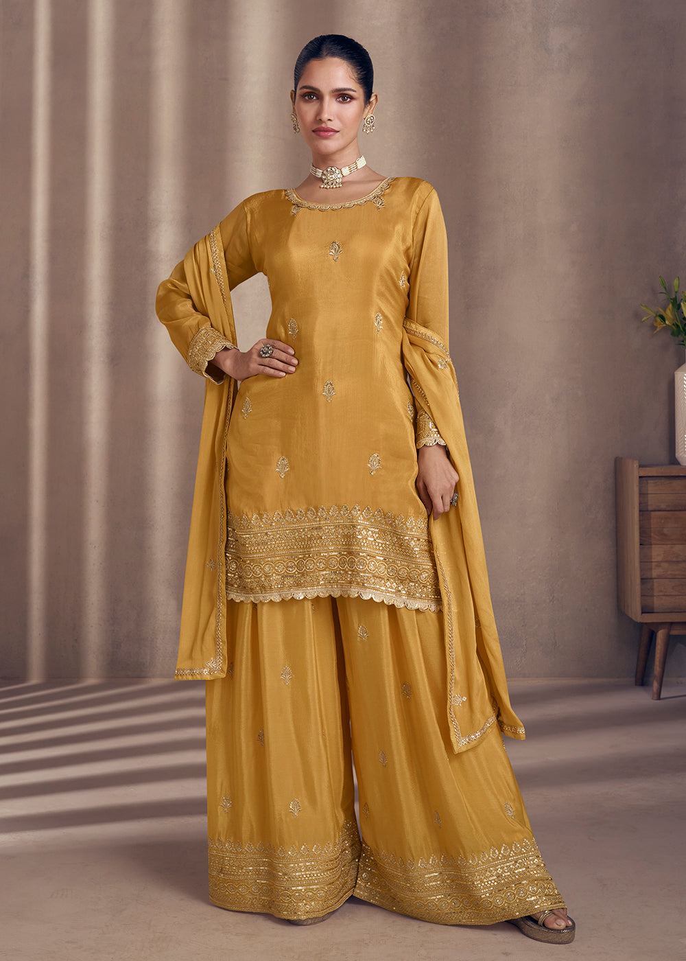 Mustard Silk Zari & Sequins Stitched Sharara Suit Set | Zaveri-Preet-1240 |  Cilory.com