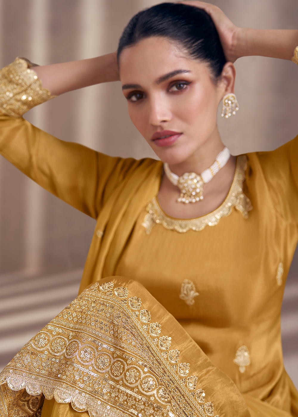 Shop Now Mustard Embroidered Chinnon Silk Designer Sharara Suit Online at Empress Clothing in USA, UK, Canada, Italy & Worldwide.