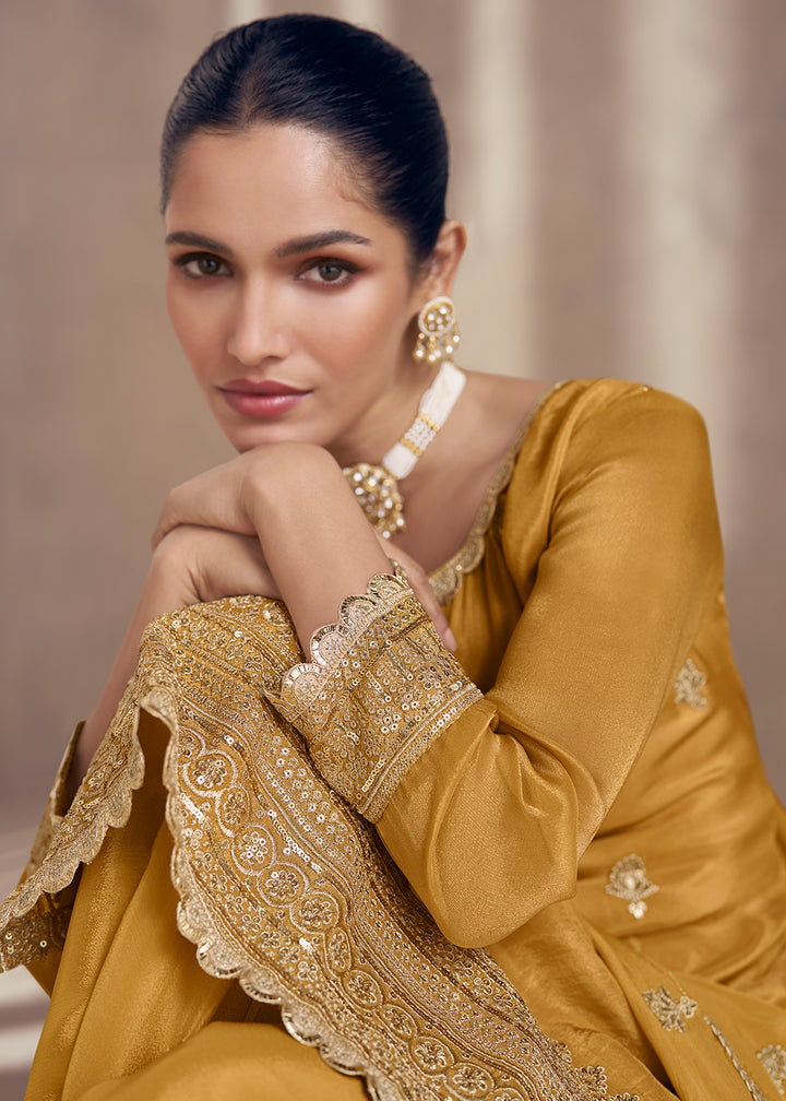 Shop Now Mustard Embroidered Chinnon Silk Designer Sharara Suit Online at Empress Clothing in USA, UK, Canada, Italy & Worldwide.