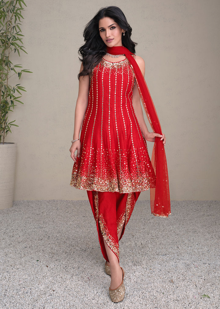 Buy Now Charming Red Silk Embroidered Festive Dhoti Style Suit Online in USA, UK, Canada, Germany, Australia & Worldwide at Empress Clothing. 