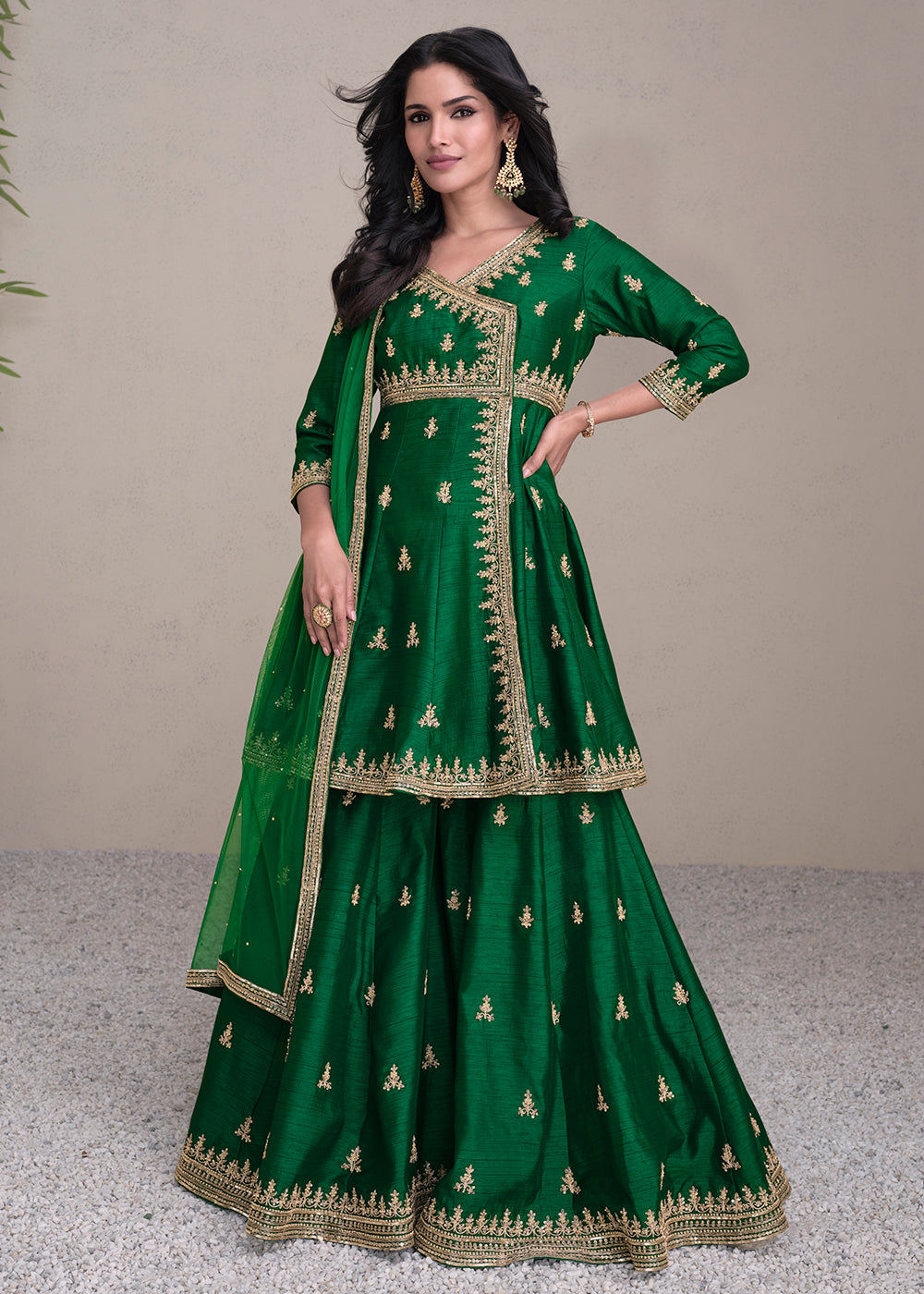 Buy Now Charming Green Silk Embroidered Festive Palazzo Suit Online in USA, UK, Canada, Germany, Australia & Worldwide at Empress Clothing.