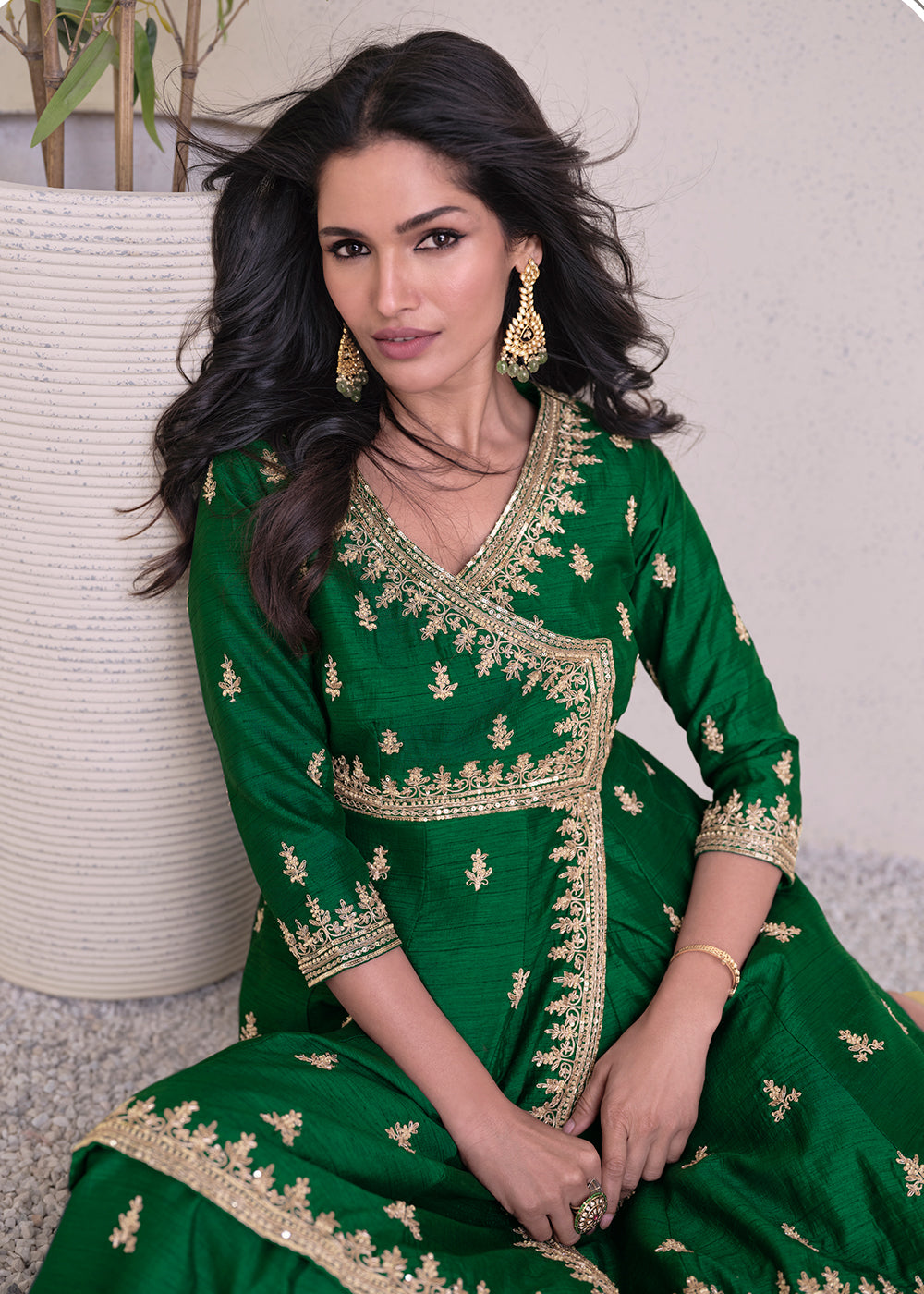 Buy Now Charming Green Silk Embroidered Festive Palazzo Suit Online in USA, UK, Canada, Germany, Australia & Worldwide at Empress Clothing.