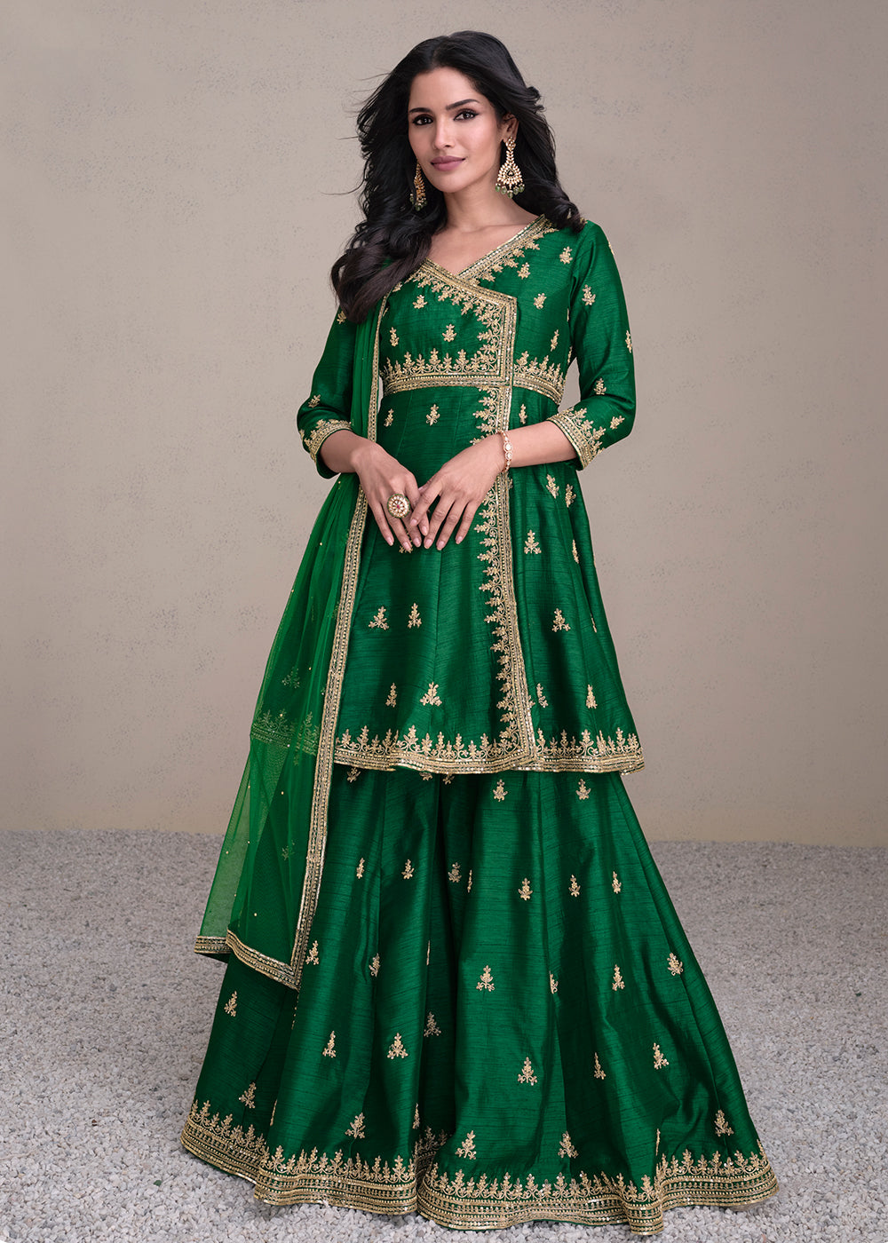 Buy Now Charming Green Silk Embroidered Festive Palazzo Suit Online in USA, UK, Canada, Germany, Australia & Worldwide at Empress Clothing.