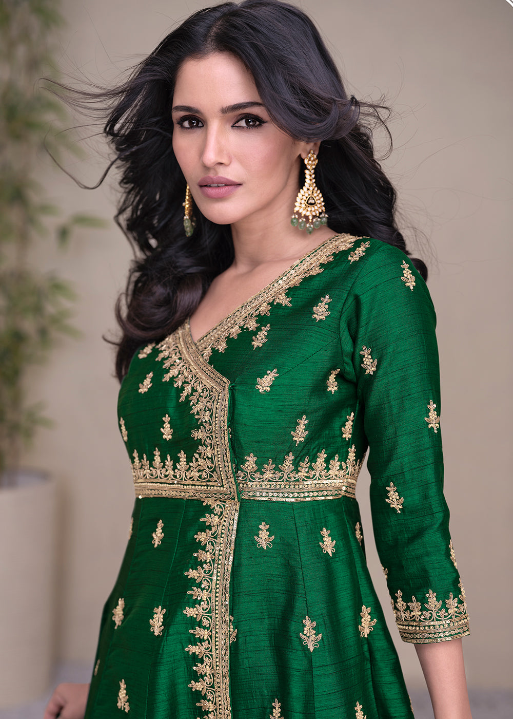 Buy Now Charming Green Silk Embroidered Festive Palazzo Suit Online in USA, UK, Canada, Germany, Australia & Worldwide at Empress Clothing.