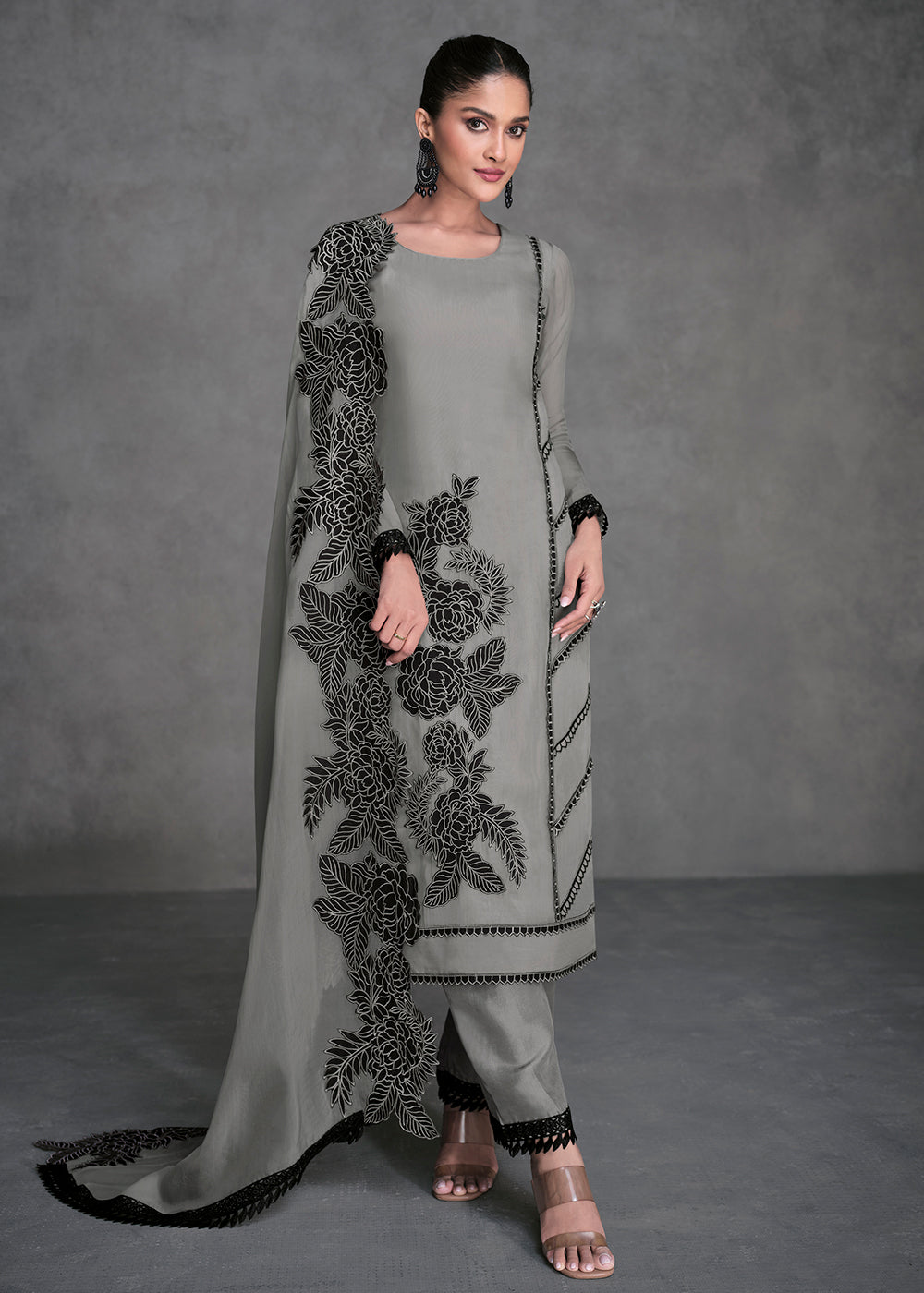 Buy Now Pure Organza Grey Designer Pant Style Salwar Suit Online in USA, UK, Canada, Germany, Australia & Worldwide at Empress Clothing.