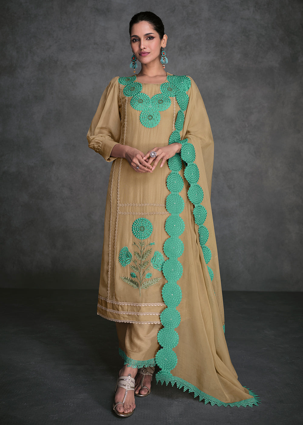 Buy Now Pure Organza Beige Designer Pant Style Salwar Suit Online in USA, UK, Canada, Germany, Australia & Worldwide at Empress Clothing. 